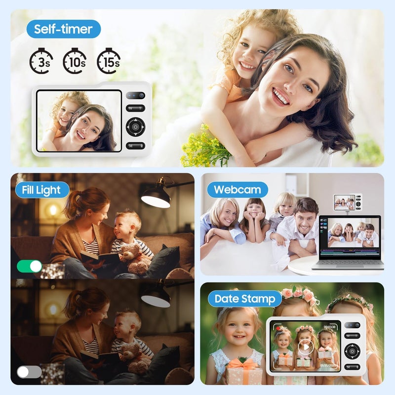 TZZPL Digital Camera, 64MP Dual Lens Autofocus Point and Shoot Digital Camera, 16x Zoom Vlogging Camera with 2 Batteries, Portable Rechargeable Small Camera for Kids Teens (White) - Image 5